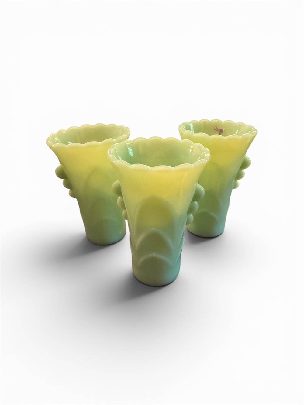 Set of 3 VINTAGE FIRE KING JADEITE GREEN ART DECO BUD VASE, APPROX  5 1/4" TALL